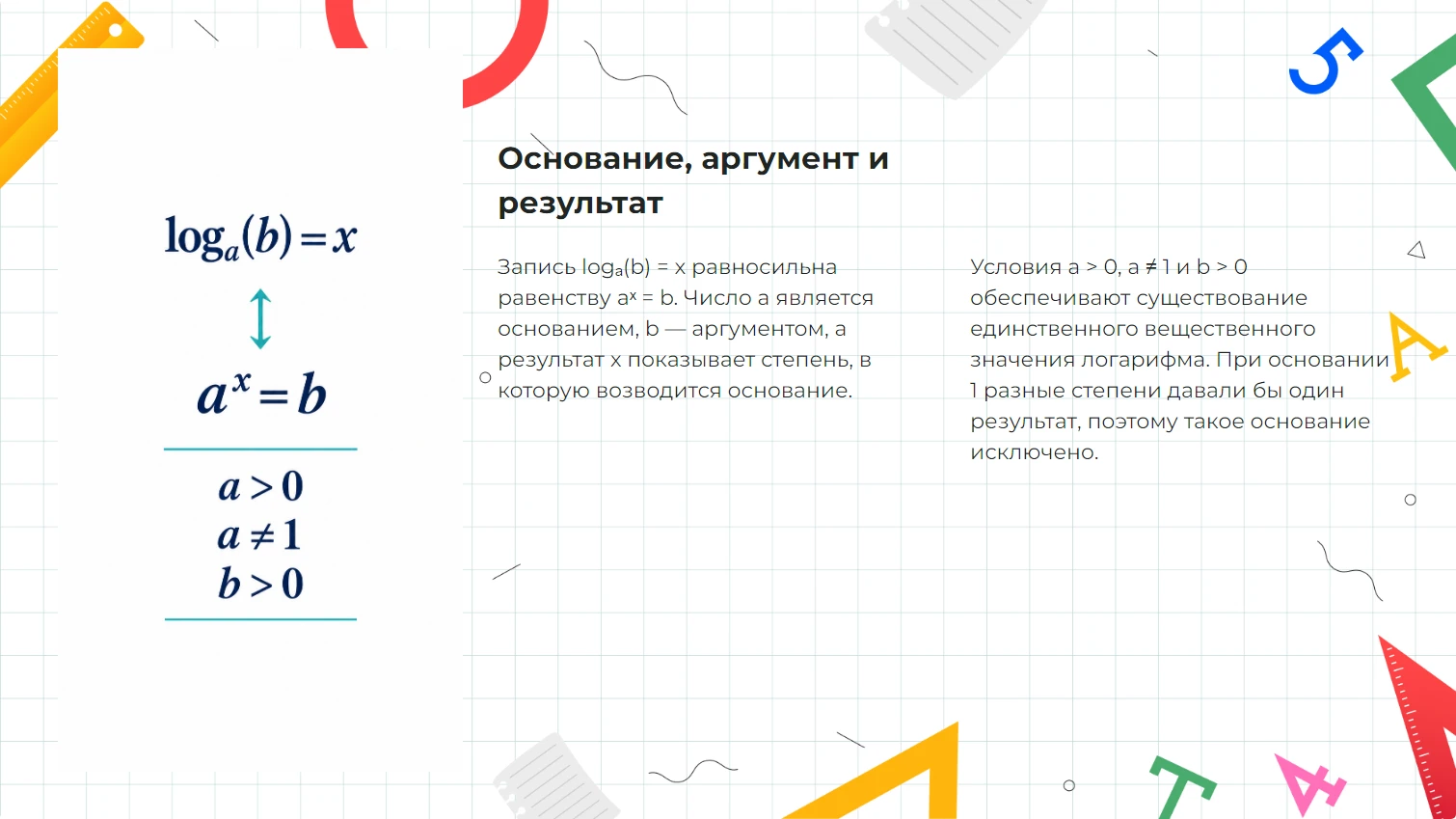 Основание, аргумент и результат