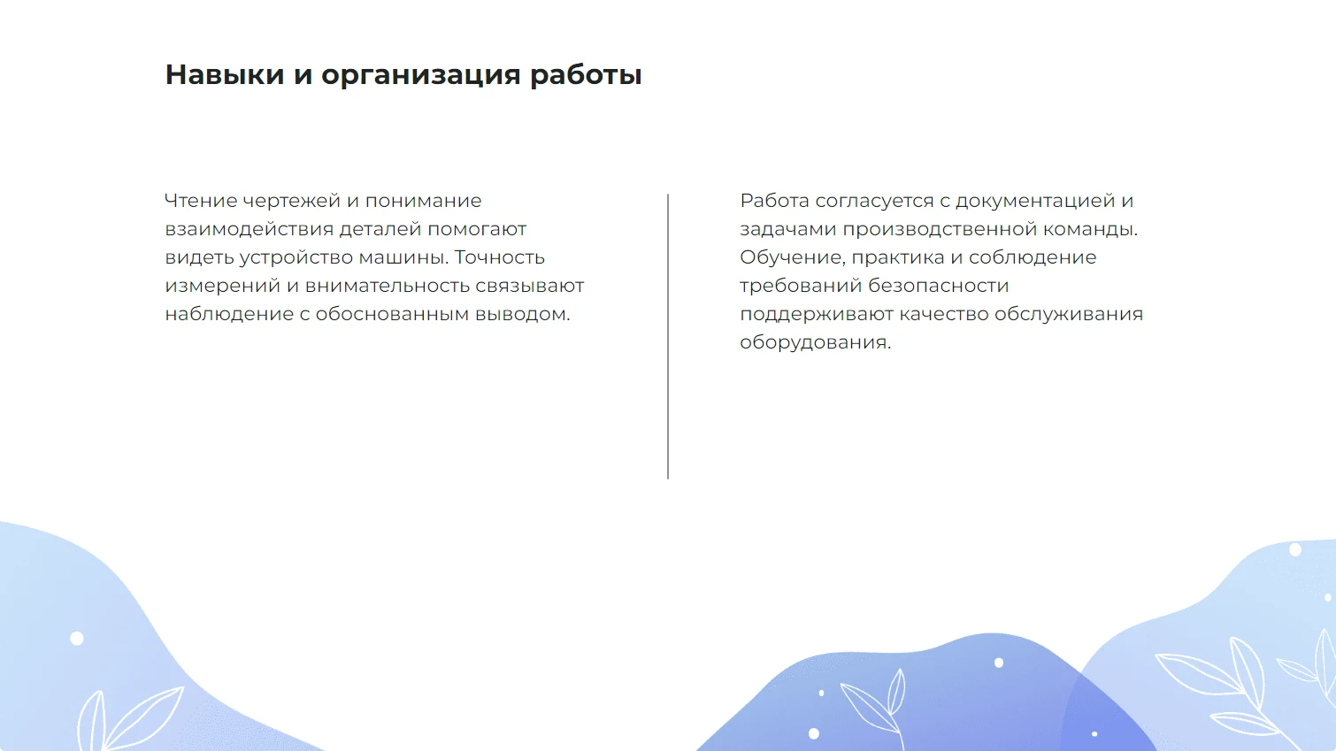 Навыки и организация работы