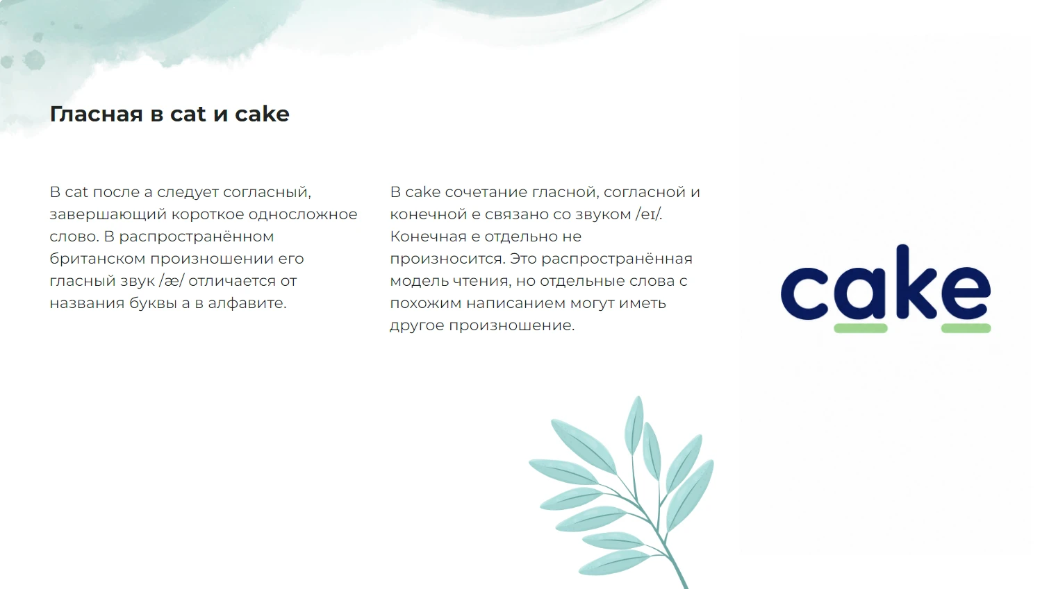 Гласная в cat и cake