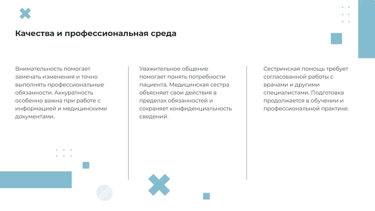 Качества и профессиональная среда