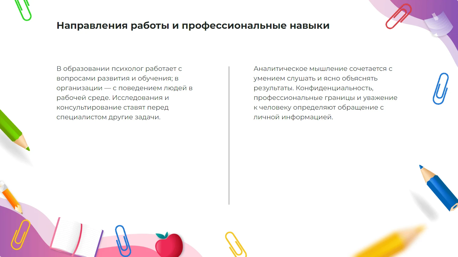 Направления работы и профессиональные навыки