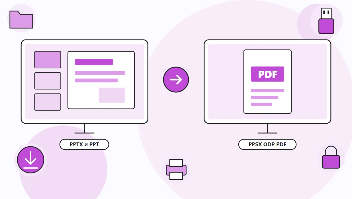 Схема выбора формата при записи презентации в PowerPoint: PPTX, PPT, PPSX, ODP и PDF